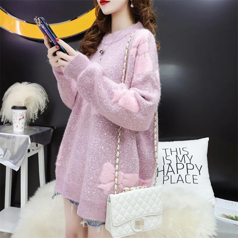 women's sweater new autumn and winter solid color long-sleeved bow embroidery thick warm | Женская одежда