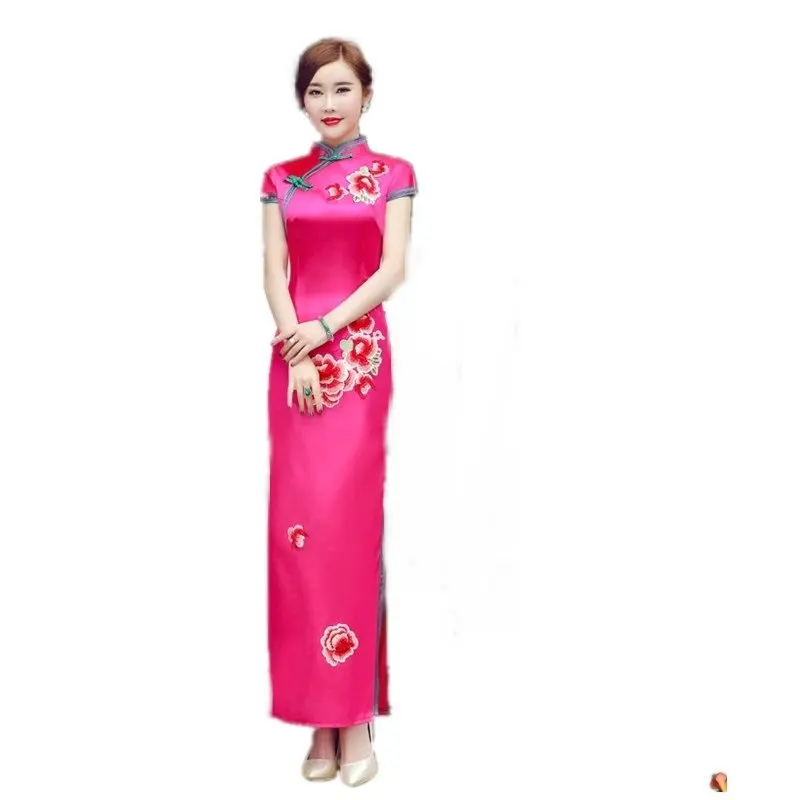 

Green Exquisite Floral Appliques Trim Novelty Cheongsam Female Elegant Sexy Slim Qipao Temperament Long Chinese Dress XS-3XL