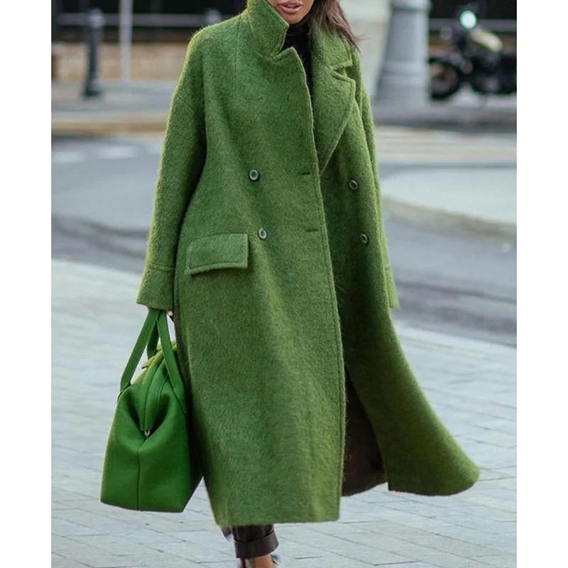

Autumn And Winter Long Woolen Coat Solid Color Temperament Commuter Beltless Lapel Loose-Fitting Woolen Green Wool Coat