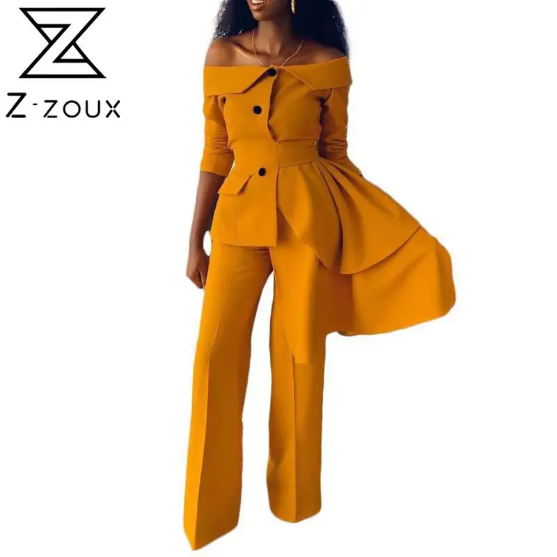 

Женский брючный костюм Z-ZOUX, блейзер с воротником-лодочкой и открытыми плечами, женские свободные длинные брюки с высокой талией, комплект и...