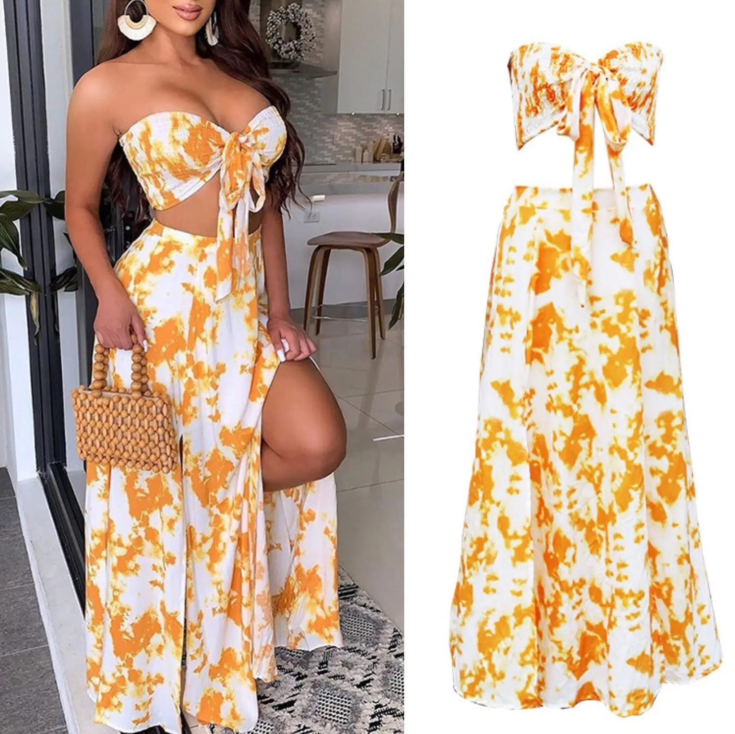 

FOLOBE 2021 Summer Beach Two Pieces Print Dresses Sets Sweetheart Bow Split Holiday Dresses Female vestido feminino