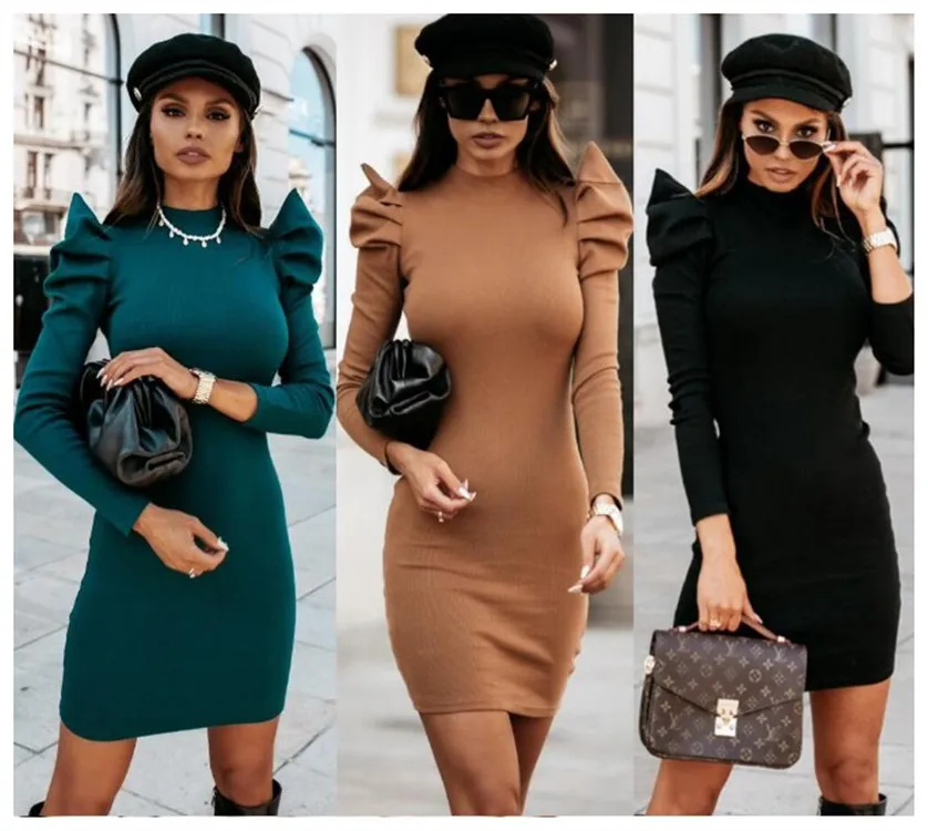 С длинными рукавами вязаный свитер с буффами на рукавах цвета: черный зеленый и