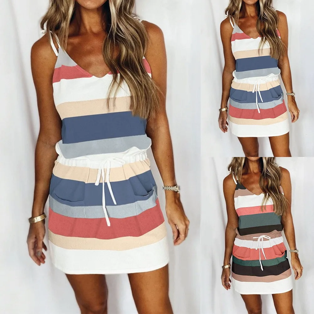 

Mini Sexy Dress 2021 Fashion Stripe Drawstring Dress Summer Dress Loose Sleeveless Dress Women's Comfortable Casual Outfits Wear