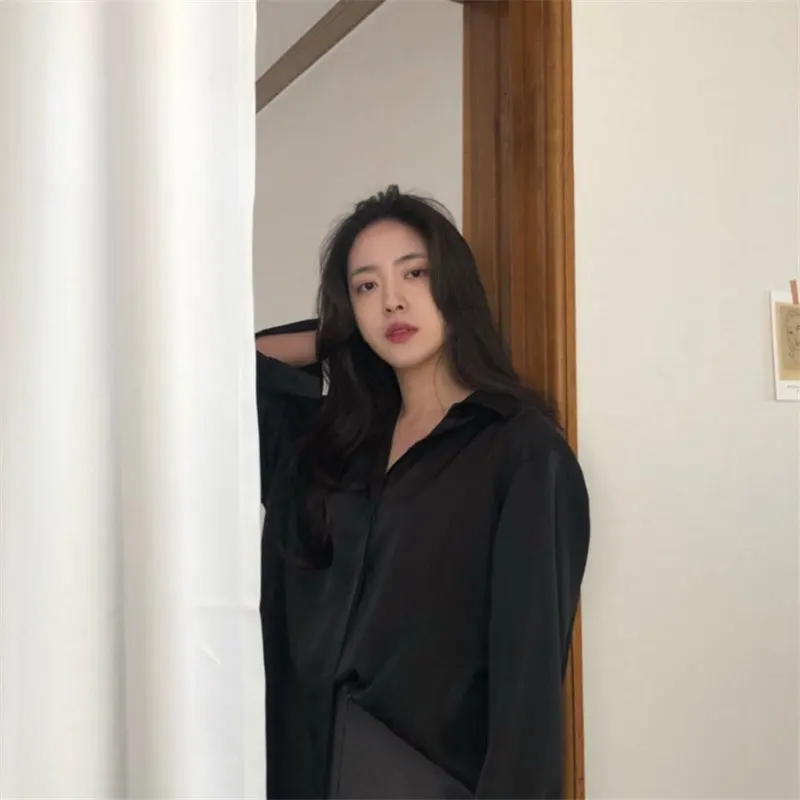 

HziriP High Quality Minimalist Satin Solid 2021 Chic Streetwear Office Lady All-Match Vintage Loose Leisure Slim Casual Shirts