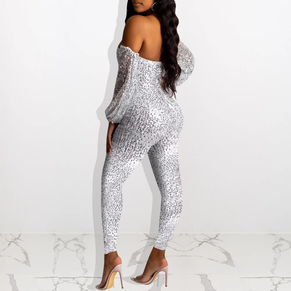 

Clubwear Long Sleeve Silver Bodycon Jumpsuit Women Fashion Sequined Off The Shoulder Rompers Jumpsuit Sexy Costumes Exotic Party
