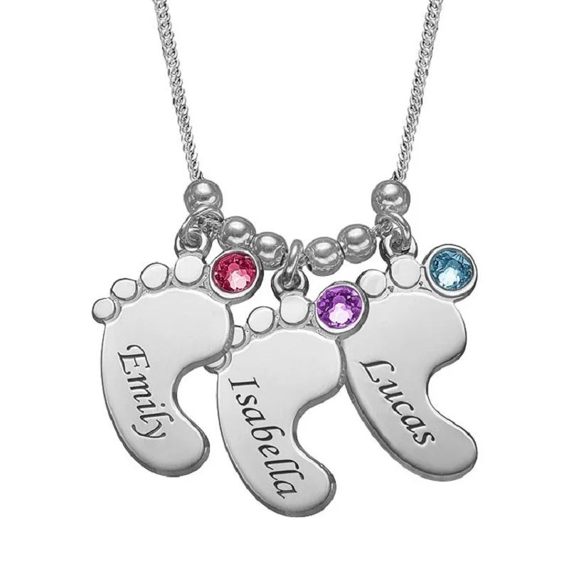 Personalized Baby Feet Name Necklace Engraved Child Family Cute Necklace With Birthstone Custom Name Foot Necklace Jewelry Gifts