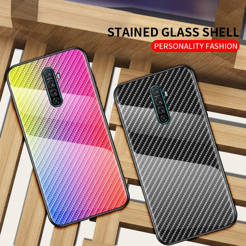 KEYSION Tempered Glass Case for OPPO Realme X2 Pro XT X Carbon fiber Silicone Phone Back Cover Reno Ace 3 5 Q C2 |