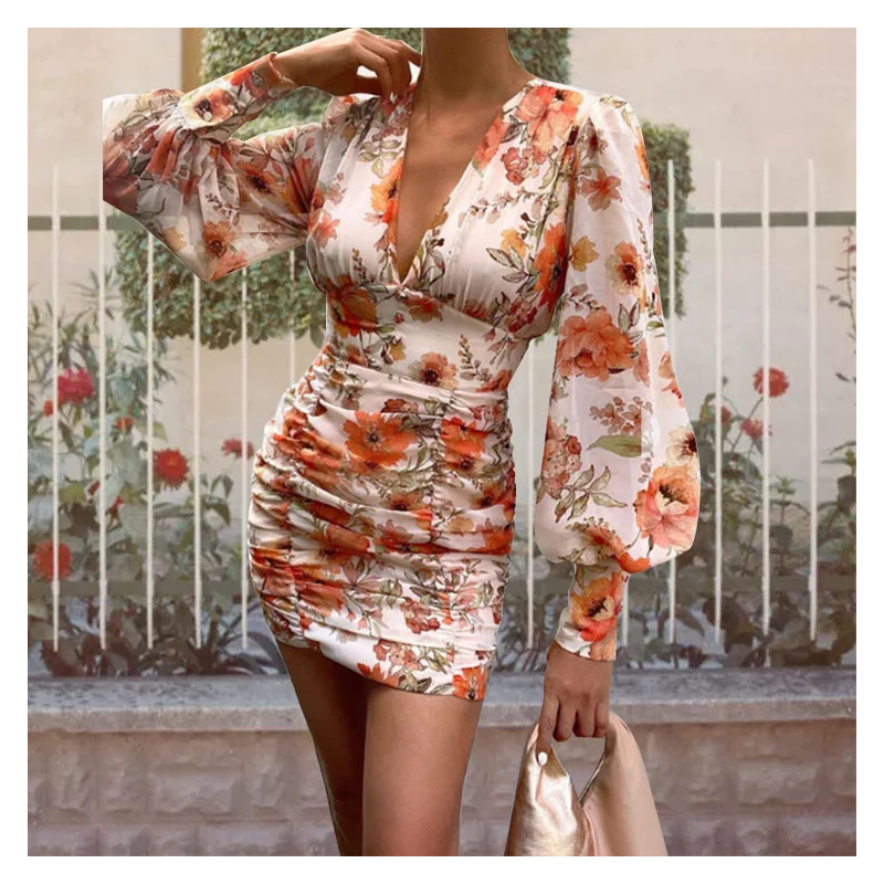 

Autumn Floral Print Sexy V-neck Plus Size Long Sleeve Tight Womens Bodycon Dress Summer Party Club Wrap Buttocks Short Skirt