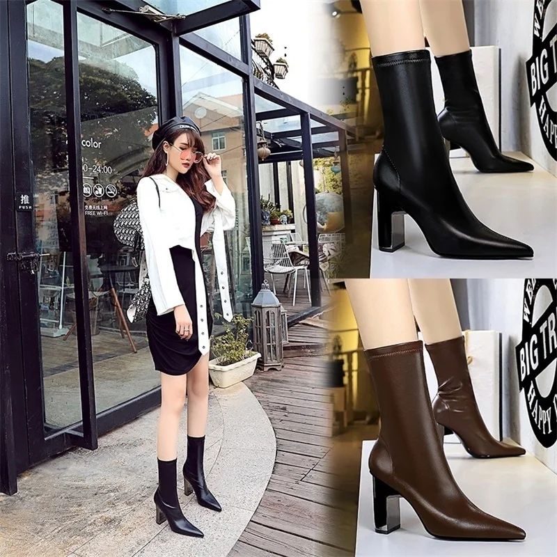 

thick boots metal fashion high thin heel pointed sexy thin winter boots