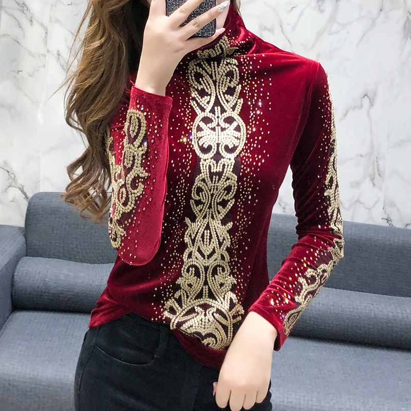 Женская блузка с длинным рукавом размера плюс бархатная водолазка пуловер