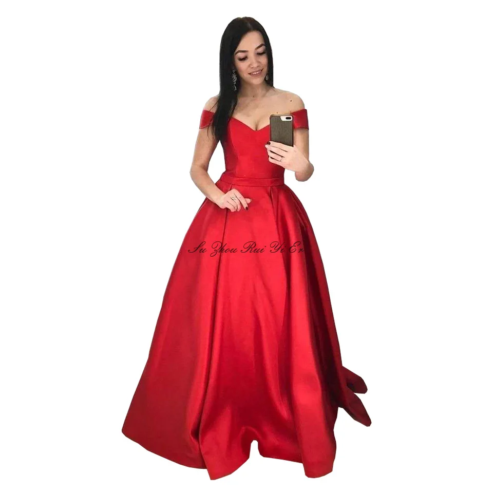 

Red Satin Prom Dresses 2020 Elegant Ceremony Long Off The Shoulder Dress Gala Lace Up Back Floor Length A-line Prom Gown