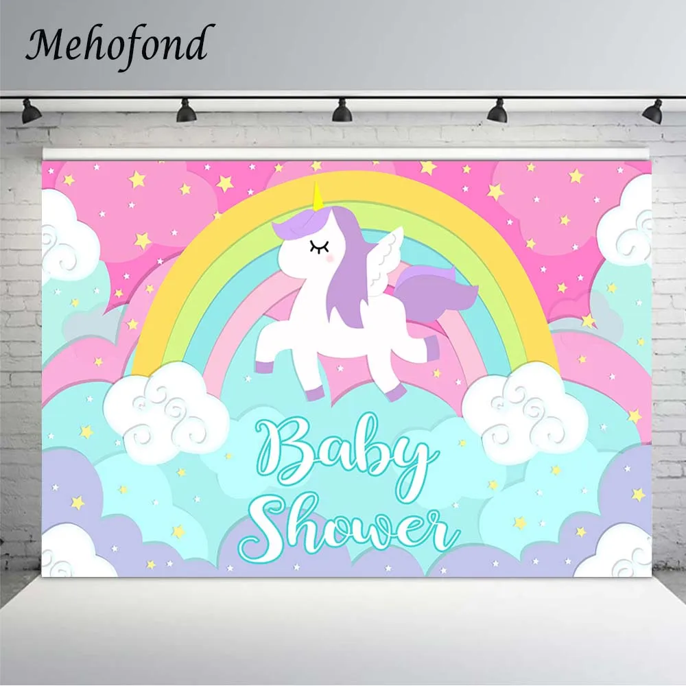 

Baby Shower фон для фотосъемки с изображением в стиле Радуга Единорог облако детский день рождения вечерние фон фотосессия фотостудия опора
