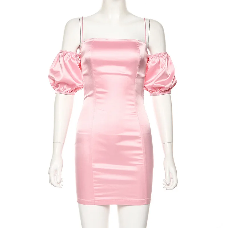 

2020 European and American Fashion Lantern Sleeve Sling One Line Collar Sexy Backless Slim Dress Women's Wear