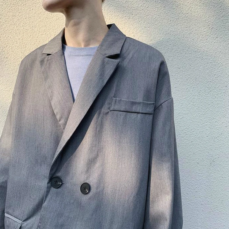 

Blazers Men Spring Vintage Double Breasted Solid Pockets Fashion Korean Style Leisure Loose Chic Outerwear Retro Mens Suits New