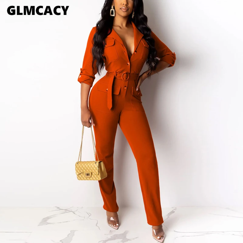 

Women Office Lady Deep V-neck Pockets Button Long Sleeve Jumpsuits Elegant Solid Sashes Ankle-length Pants Women Jumpsuit