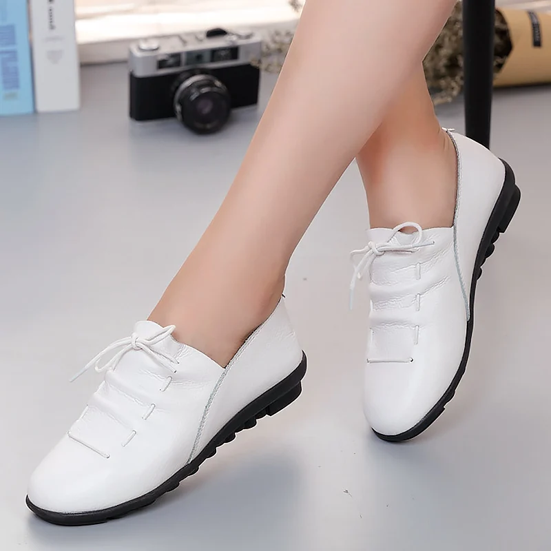 

Women shoes 2021 new arrival spring lace-up pleated genuine leather flats shoes woman rubber party female shoes tenis feminino