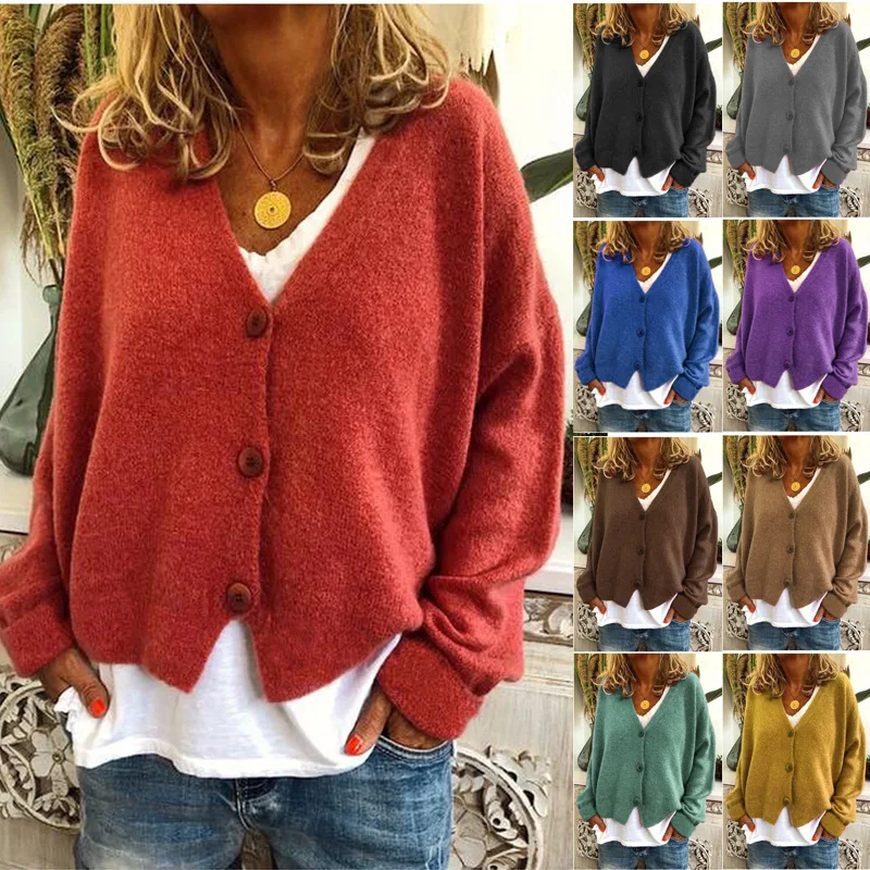 

2020 European and American Cross-border Women's Ebay Amazon Wish Autumn and Winter Popular Casual Loose Sweaters Cardigan Full