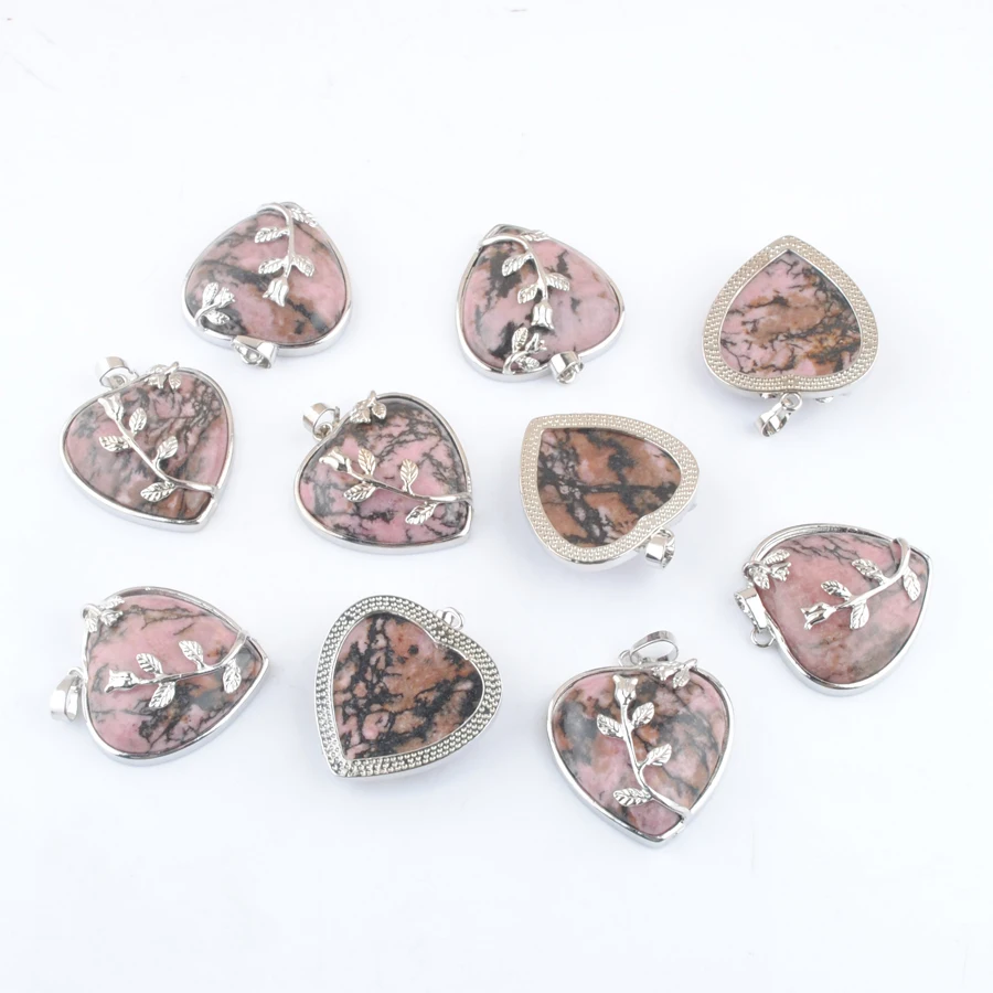 5 шт./лот Подвеска из натурального родонита в форме сердца посеребренный цветок