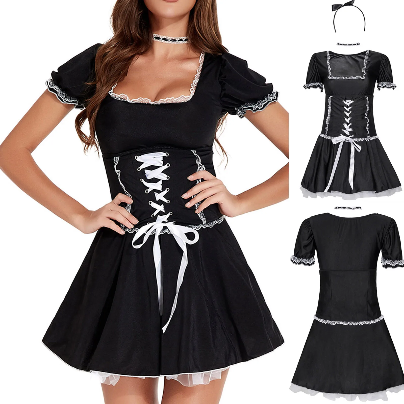 

Women Black Lovely Maid Costumes Anime Lolita Dresses Maid Dress+Hair Band+Neck strap Set Cosplay Costume косм гоѬниной L*