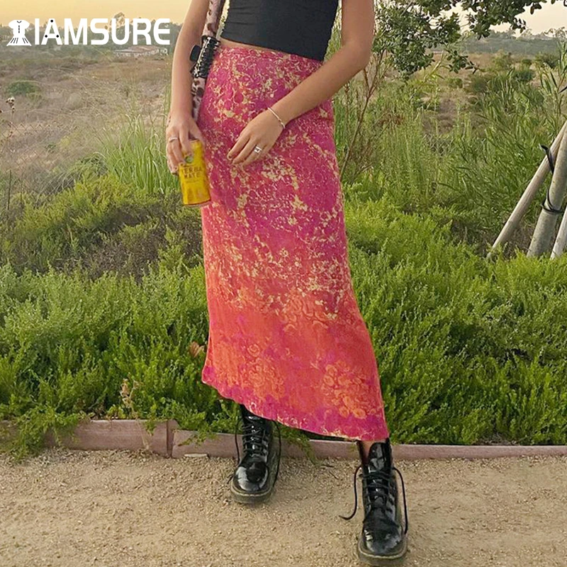 

IAMSURE Tie Dye Print Chiffon Straight Skirt Beach Style Holiday Slim High Waisted Long Skirts Women 2021 Fashion Prairie Chic