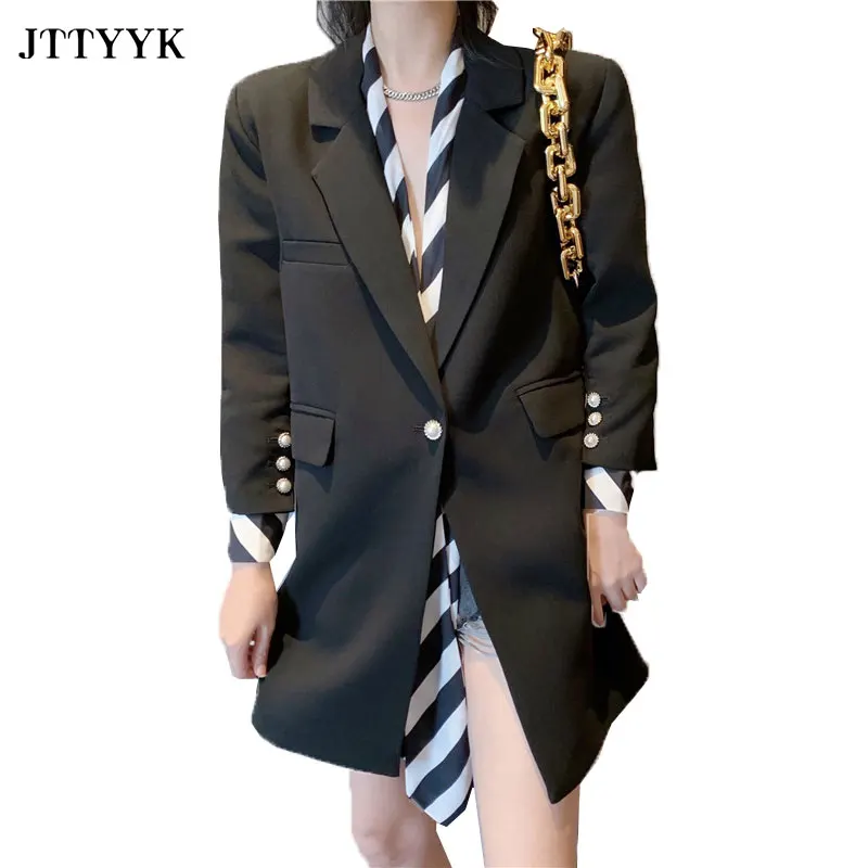 

Women Blazer 2021 Elegant Black Stripe Patchwork One Button Niche Fashion Casual Fake Two Piece Suit Jacket Female Outwear Coat