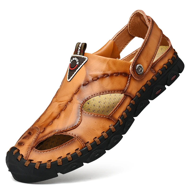 Ankle-Wrap 2020 Genuine Leather Casual British Style Men's Sandals Comfortable Fashion Walking Shoes Big size Brown Black Flat F | Обувь