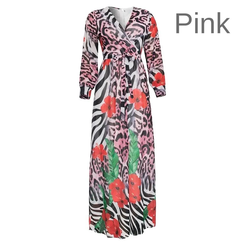 Женское платье макси с леопардовым принтом длинными рукавами и высокой талией