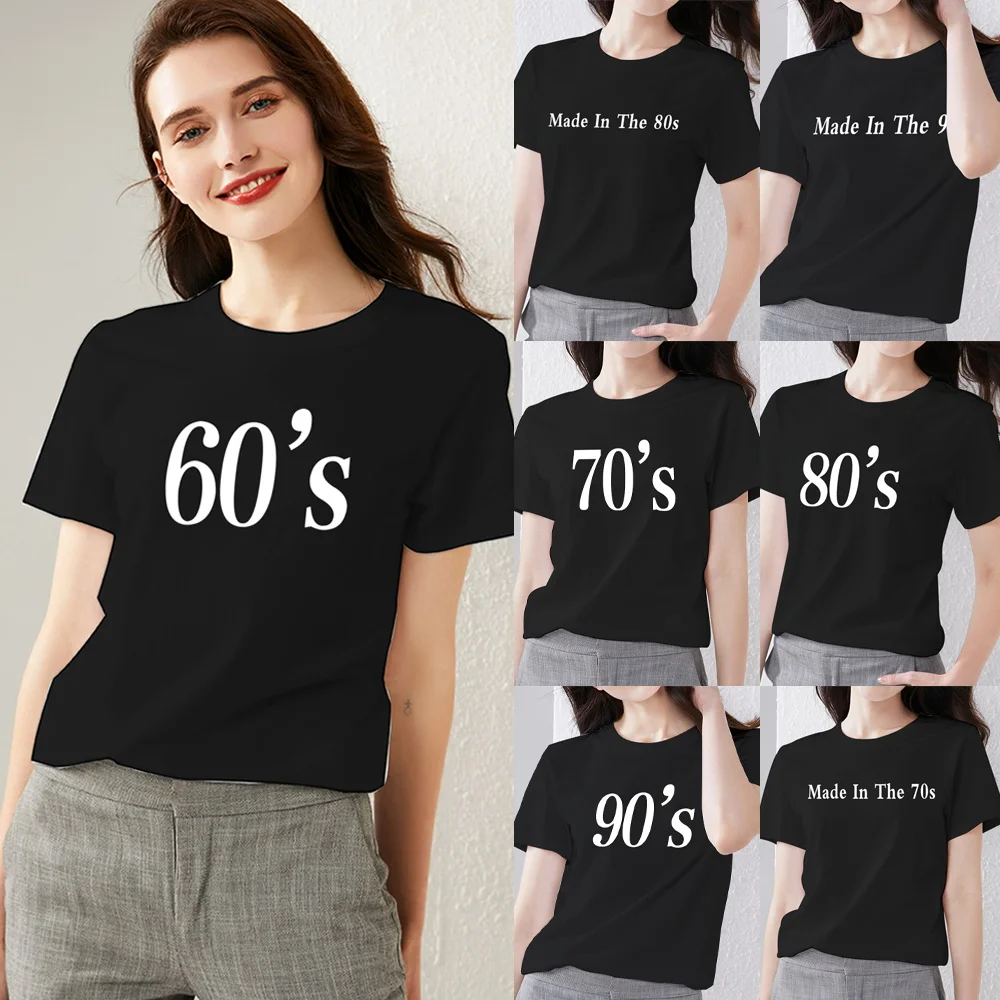 

Street Women's Clothing T-shirt Casual Slim Top Simple Black Commuter Short Sleeve Years Print Ladies Fashion Round Neck Top