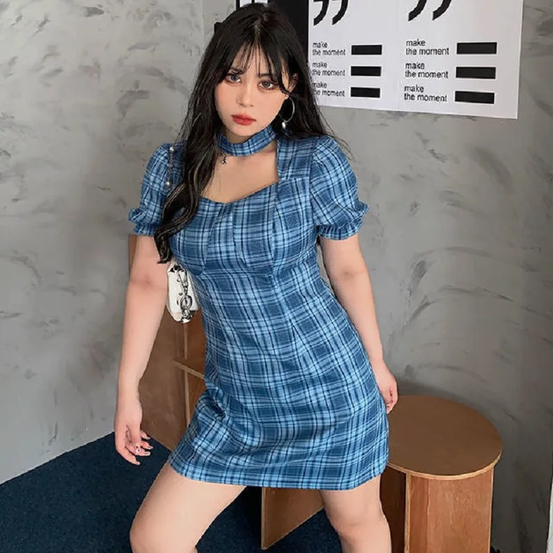 

Summer Women's Dress 2021 Mini Plaid Dress Plus Size New Korean Style Square Collar Shows Thin Temperament Sexy Office Elegant