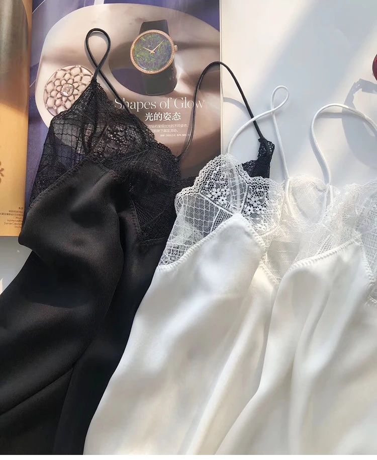 

100% Silk Brand Fashion Women's High-end Luxury Summer Sexy Lace Silk suspender Camis Tank Top