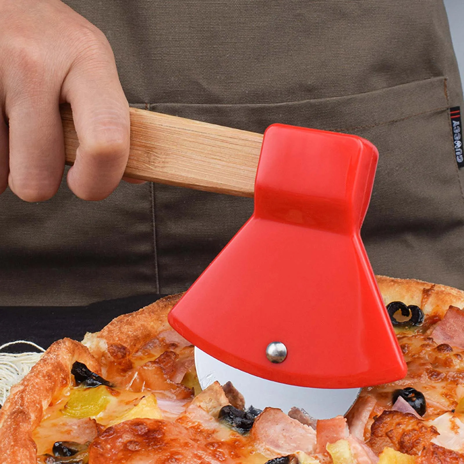

Stainless Steel Axe Wood Handle Pizza Cutter Rotating Blade Home Kitchen Single Wheel Cutting Tool Waffle Cookies Cake Cutting