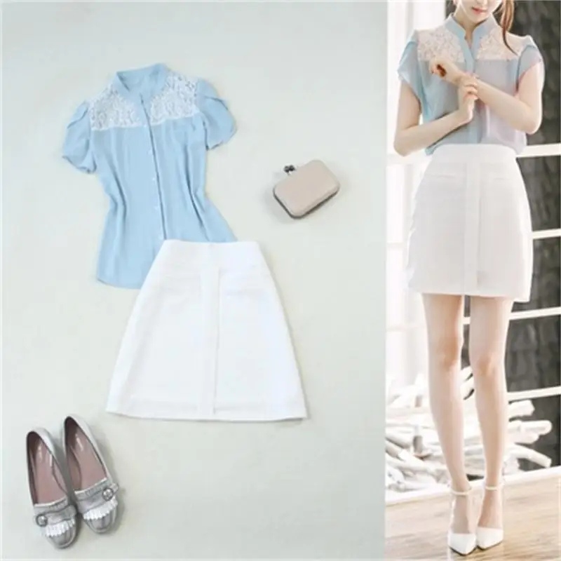 

Fashion casual suit women summer New High quality OL blue bow shirt + A word white skirt two-piece suit women