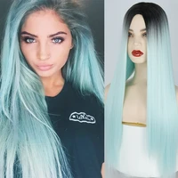 azqueen black green ombre long straight synthetic hair wig for women 24 inch can be cosplay wigs heat resistant middle part wigs