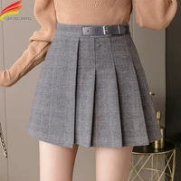 new 2020 autumn winter woolen pleated mini skirt with lining high waist zipper up casual a line skirt with belt plaid skirts