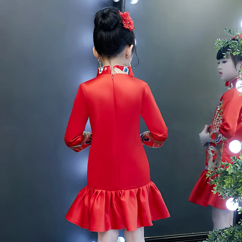 

chinese Style Long Sleeves Polyester Cheongsam Printed Dragon Design Dress Children Chinese Traditional Dress For Girls ZL481