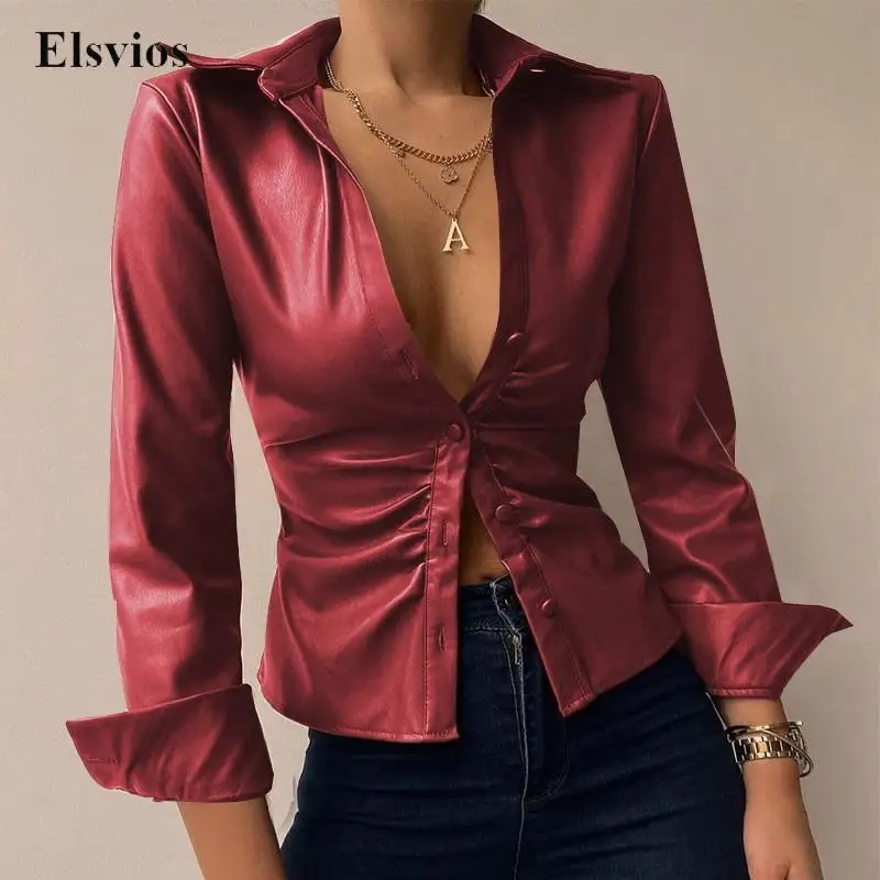 

Commute Ladies Fashion PU Leather Shirt Blouse Women Casual Long Sleeve Solid Tops Blusa Spring Elegant Turndown Collar Polo Top