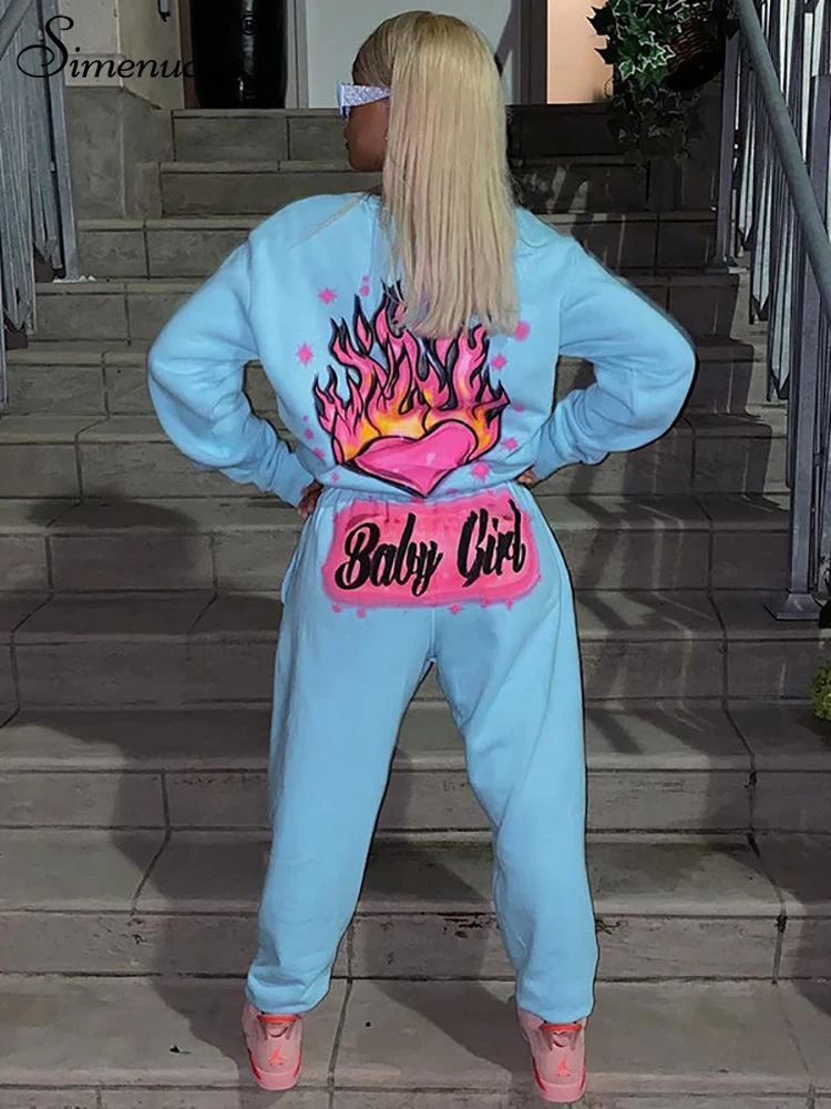 

Simenual Cyber Ghetto Baddie Clothing Flame Print Sweatshirt And Pants Streetwear Co-ord Sets Long Sleeve Winter 2 Piece Outfits