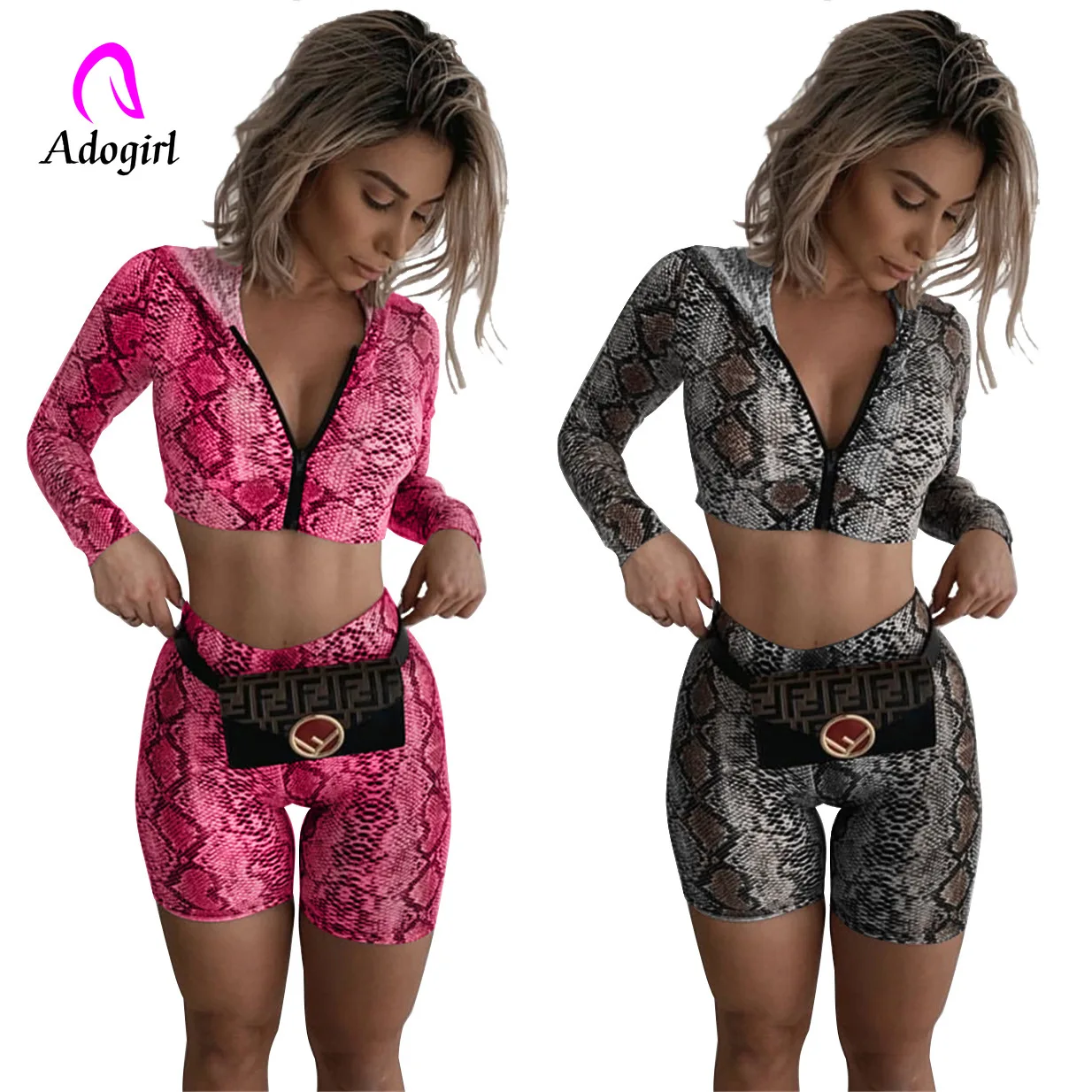 Фитнес змеиный принт молния с капюшоном пальто Высокая талия байкерские шорты 2019
