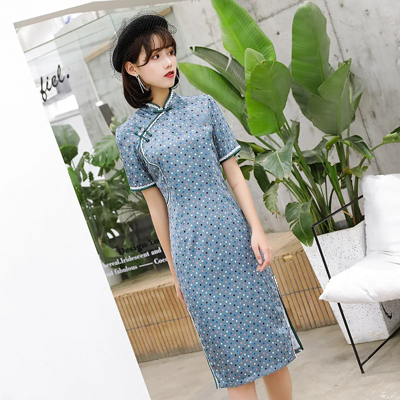 

Women Qipao 4XL Classic Blue Print Short Cheongsam Elegant Chinese Style Sexy Chinese Traditional Mandarin Collar Vestidos