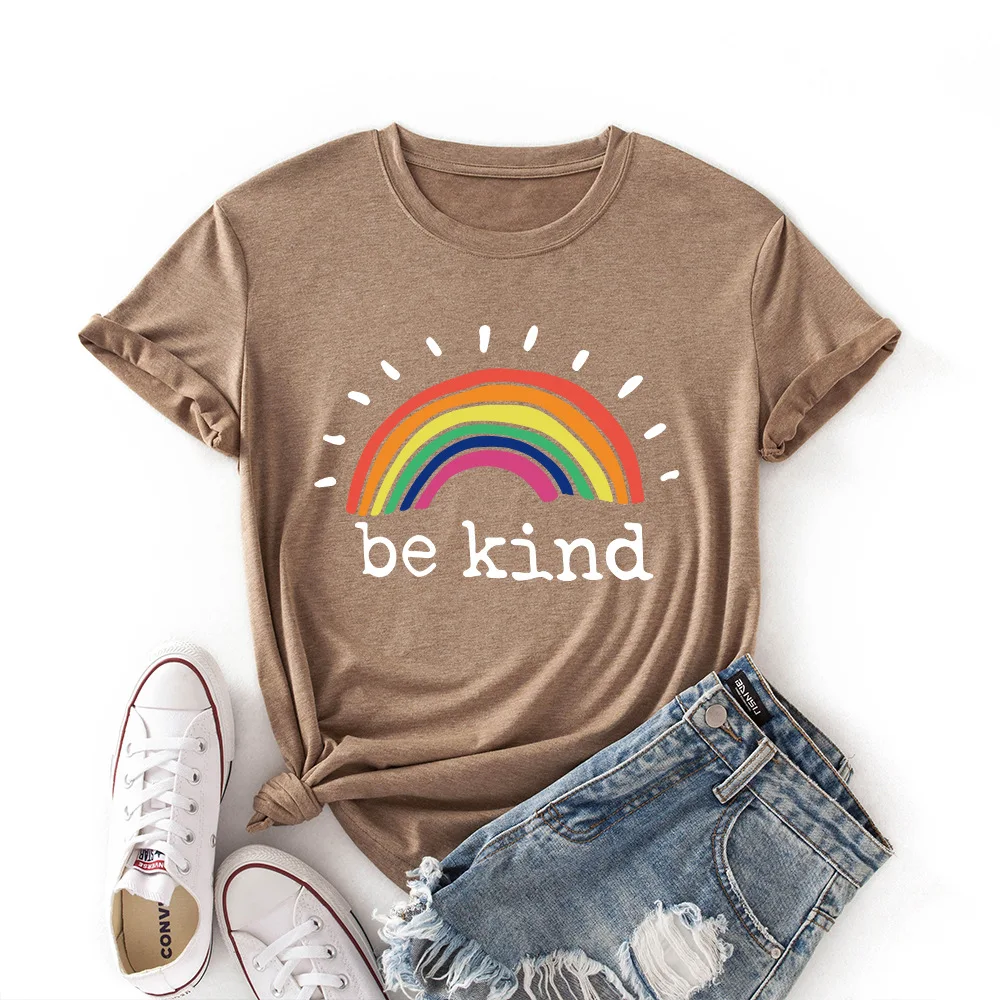 

Женские футболки с надписью Be Kind, женские футболки с коротким рукавом и графическим рисунком, топы, женская Повседневная футболка с радужны...