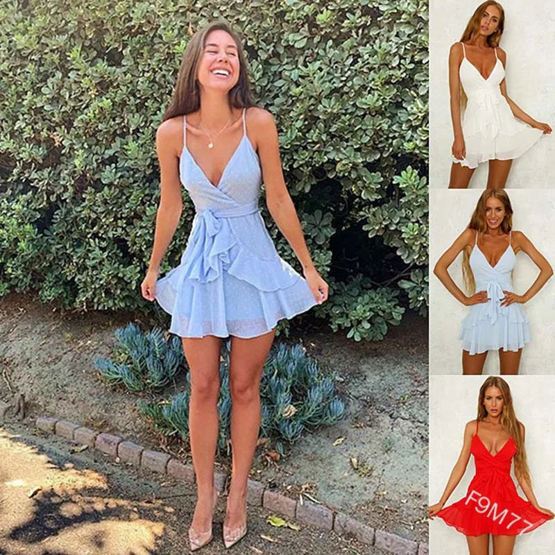 Женское мини-платье WEPBEL летнее Новое однотонное шифоновое платье на бретельках с