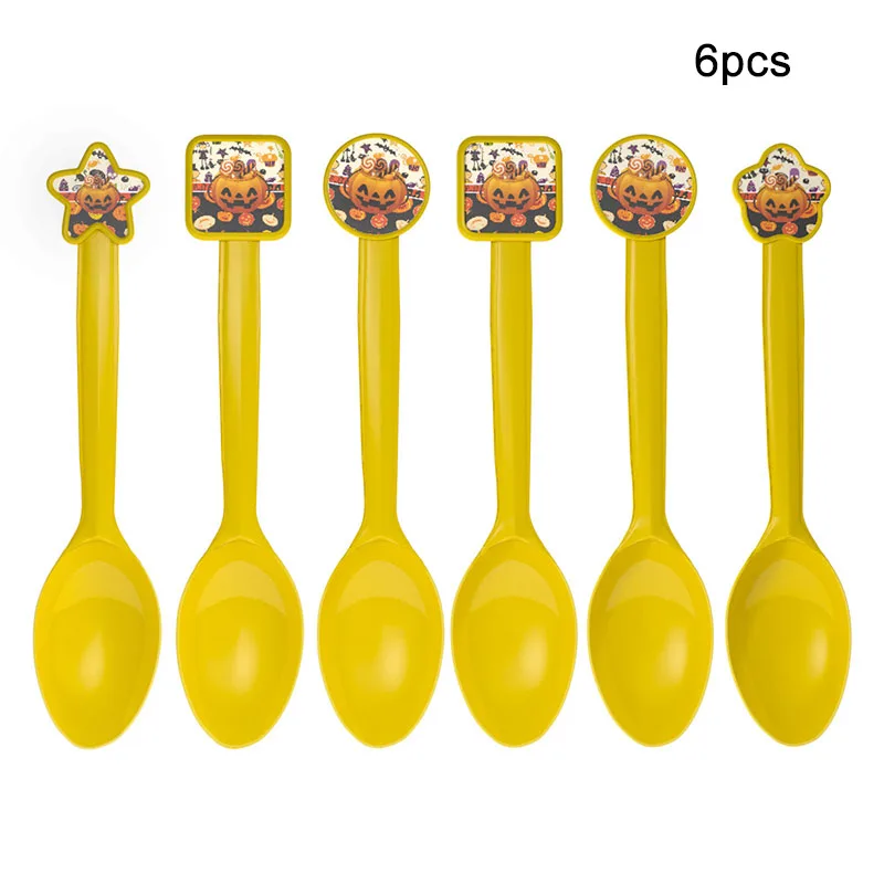 spoon-6pcs Halloween Candy Pumpkin Head Theme Creative Party Package Decoration Party Supplies Party Disposable Tableware Cup Plate - Цвет: spoon-6pcs