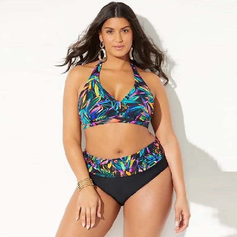 

Two-Piece Suits Oversized Swimwear Sexy Halter Collar Bathing Suits Ladies Plus Size Swimsuit Vintage Print Swim Suit Bikini Set
