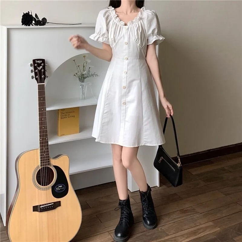

Solid Summer White Dress Women Ruffles Design Office Lady Chiffon Mini Dress Female Casual Party Korean One-piece Dress 2021 New