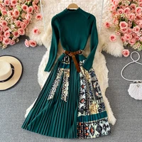 2021 autumn women s dress vintage print stitching fake two piece skirts waist trimming knitted sweater pleated dress