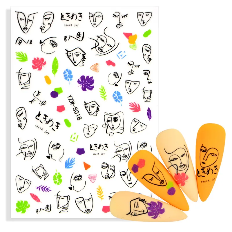 

1 Sheet Abstract Lady Face Nail Decals Adhesive Black Leaf Sliders Paper Nail Art Decoration Sticker Manicure Foils