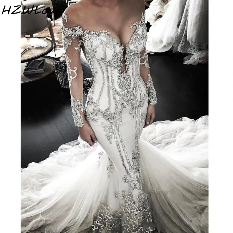 

Роскошное Свадебное платье русалки с бисером и кружевной аппликацией, расшитое бисером и кристаллами, сексуальное платье невесты с длинным...