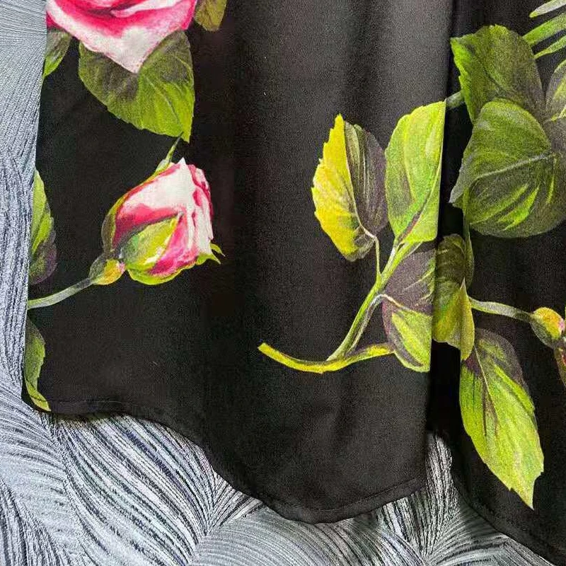 

SEQINYY Vintage Midi Dress Summer Spring New Fashion Design Women Runway High Quality Rose Flowers Print Buttons Elegant