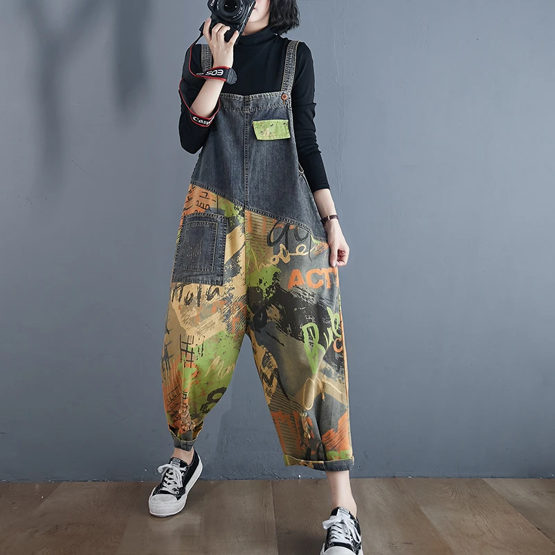 

#1434 Vintage Denim Overalls For Women Loose Wide Leg Jumpsuits Ladies Loose High Waisted Ladies Jumpsuits Hole Printed Overalls