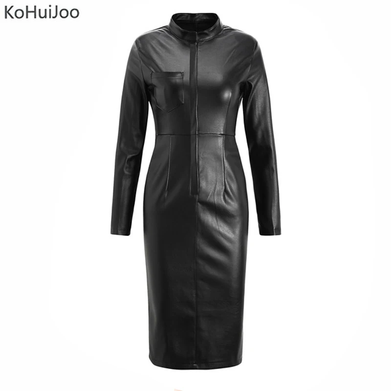 KoHuiJoo/черные платья из искусственной кожи Женская осенне зимняя сексуальная